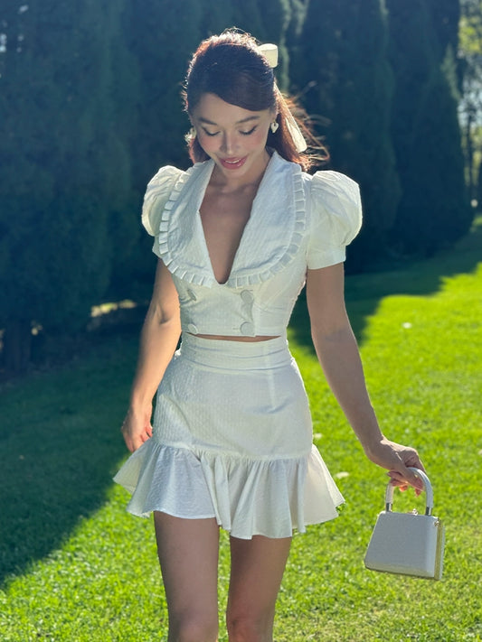 Le Palais Vintage French Girly Pure White Puff Sleeve Short Top and Ruffled Skirt-ASDA.