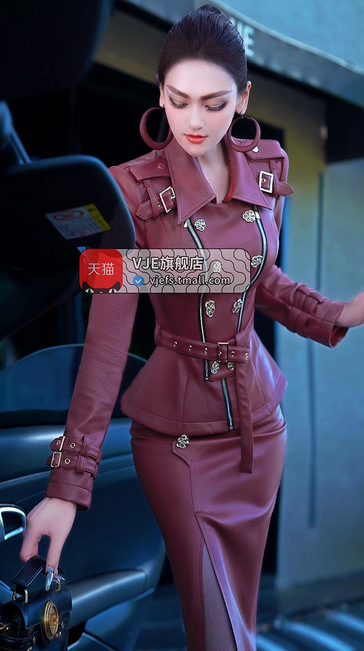 VJE PU Leather Jacket Midi Hip Skirt Two-Piece Skirt Suit Set-BORA.