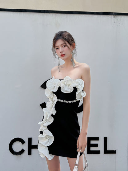DOLLY Elegant Black Off Shoulder White Ruffle Tube Top Short Date Dress-JAJA