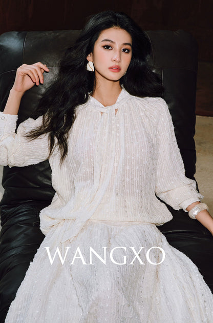 WANGXO | 3D Granular Jacquard Micro-Wrinkle Streamer V-Neck Top & Skirt Set- ADA.