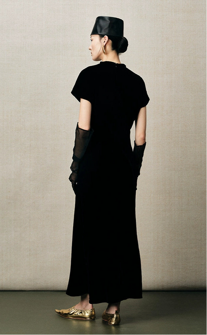 ZHUCHONGYUN crew neck short sleeve black slim long dress-REI.