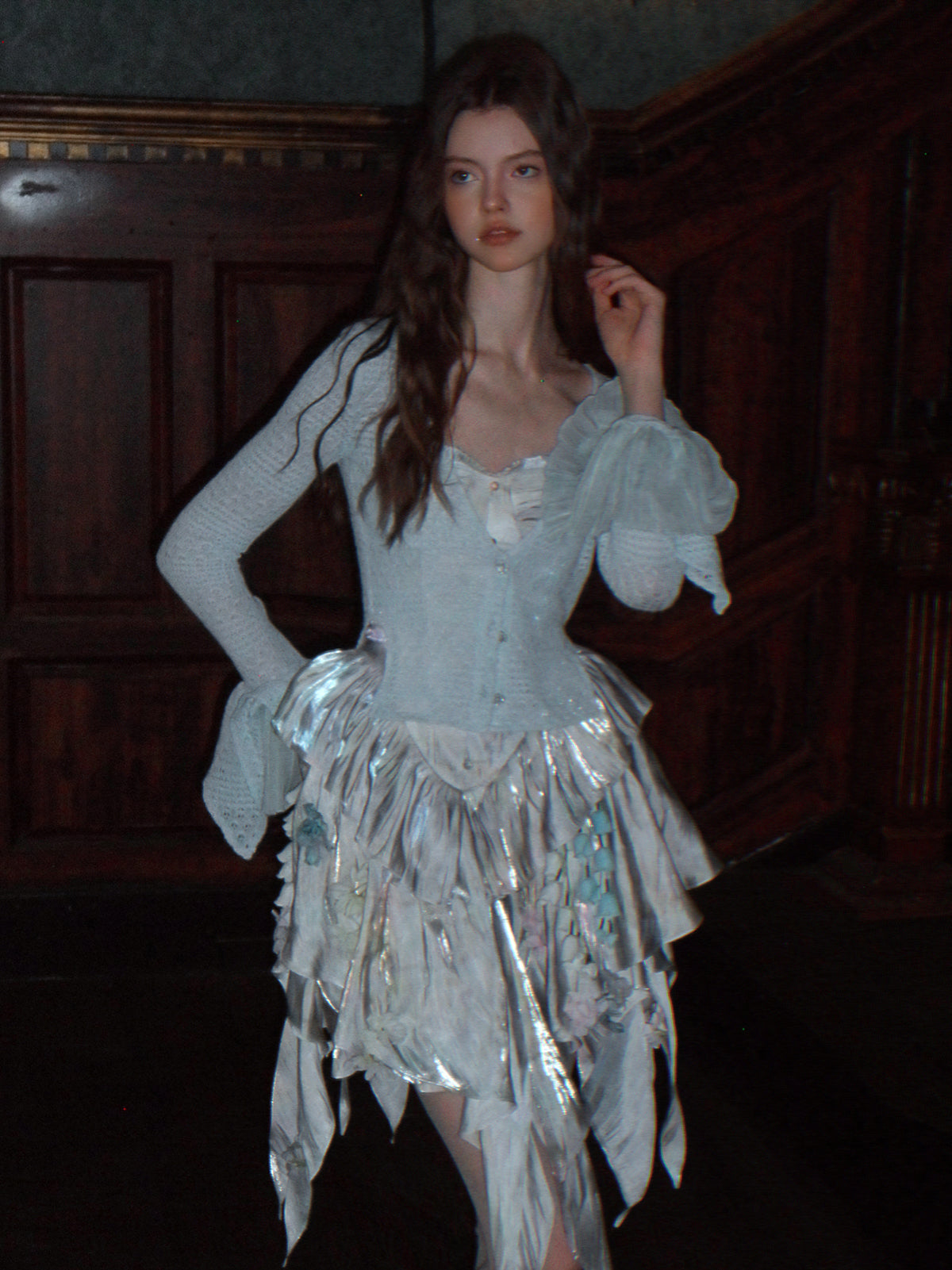 UNOSA fairy mermaid queen micro glitter bandeau herringbone dress - shell halo
