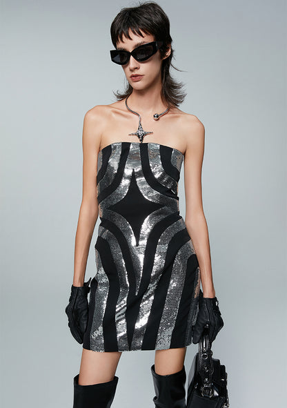 ANNAKIKI model acetate wool four-pointed star sequin bandeau dress-ZORO
