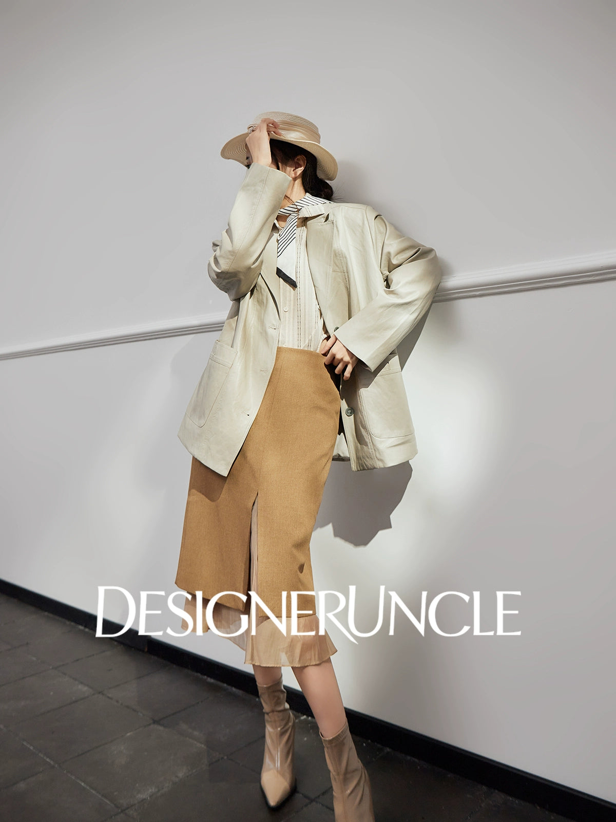 DGU "Light Twilight" Beige Gray Haining Genuine Leather Jacket - Billie.