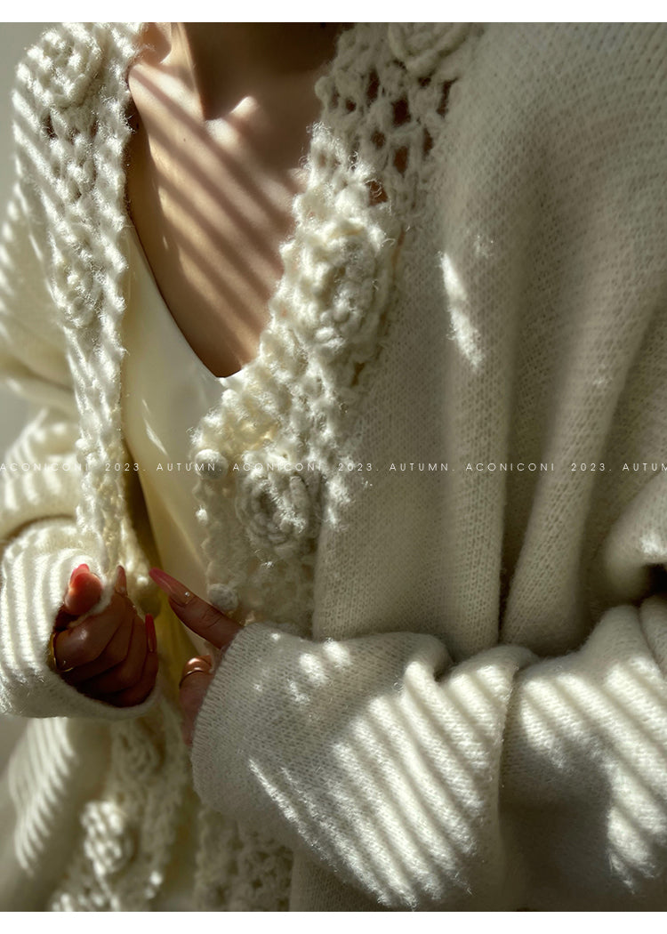 Aconiconi Luxury Loose V-Neck Long Sleeve Crochet Sweater - Camellia in the Fields