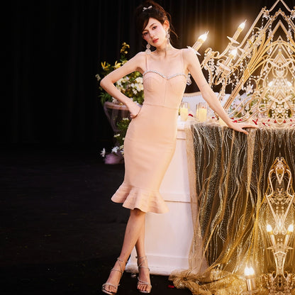 DOLLY High End White/Nude Sleeveless Diamond Fish Tail Suspender Dress-JABEL