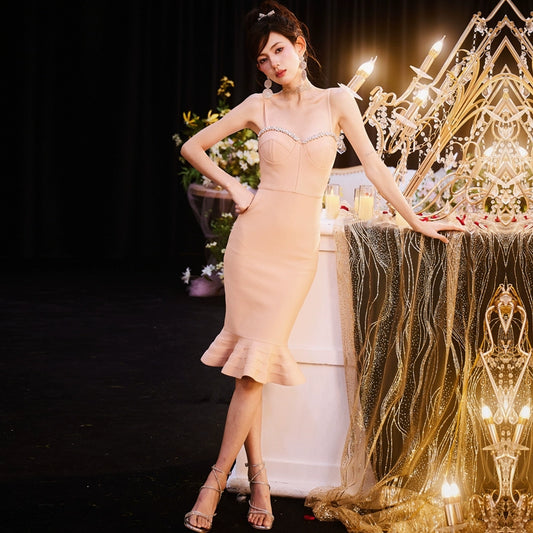 DOLLY High End White/Nude Sleeveless Diamond Fish Tail Suspender Dress-JABEL