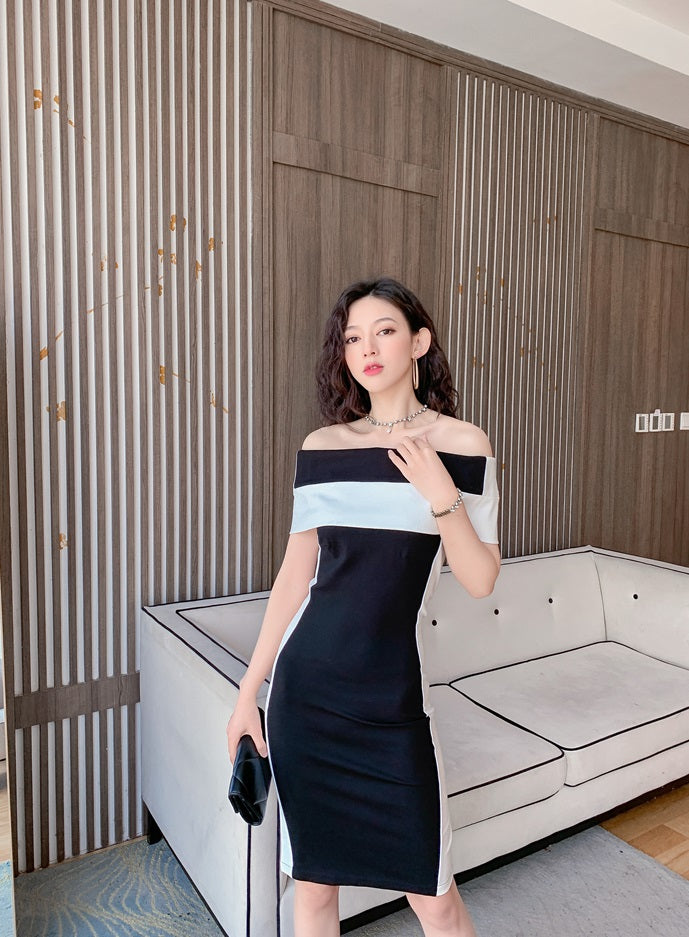 DOLLY Elegant Black and White Off Shoulder Short Sleeve Long Bandage Dress-MAZE