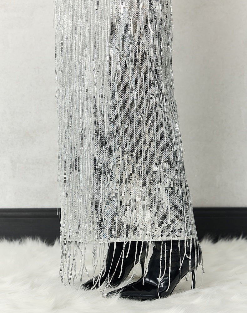 HECO 100% polyester Silver Black Sequins High Waist Slim Skirt Woman - sun.