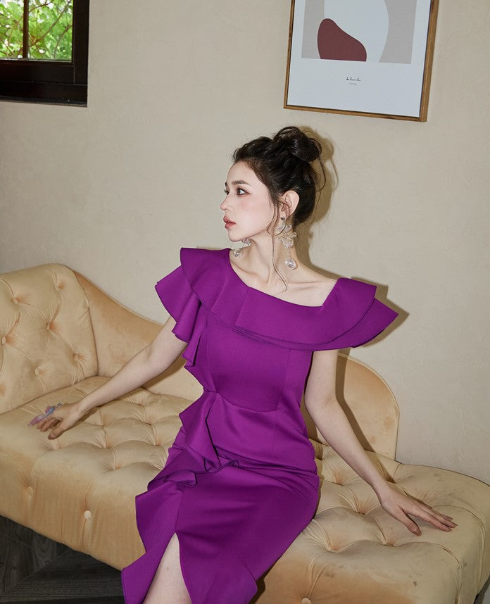 DOLLY High End Purple Ruffled Square Collar Slim Fit Formal Dinner Dress-ANGELIKI