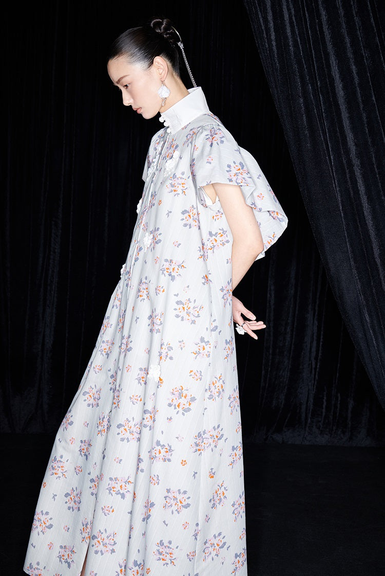 M essential Mackay designer Jinghe Printing floral nail bead puff sleeve dress - HAPPY.