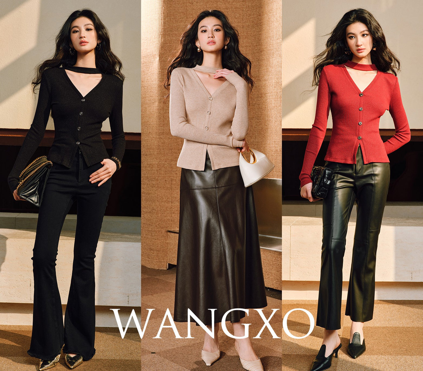 WANGXO | Double-Woven Crushed Silver Silk Knit V-Neck Slim-Fit Top-YANI.