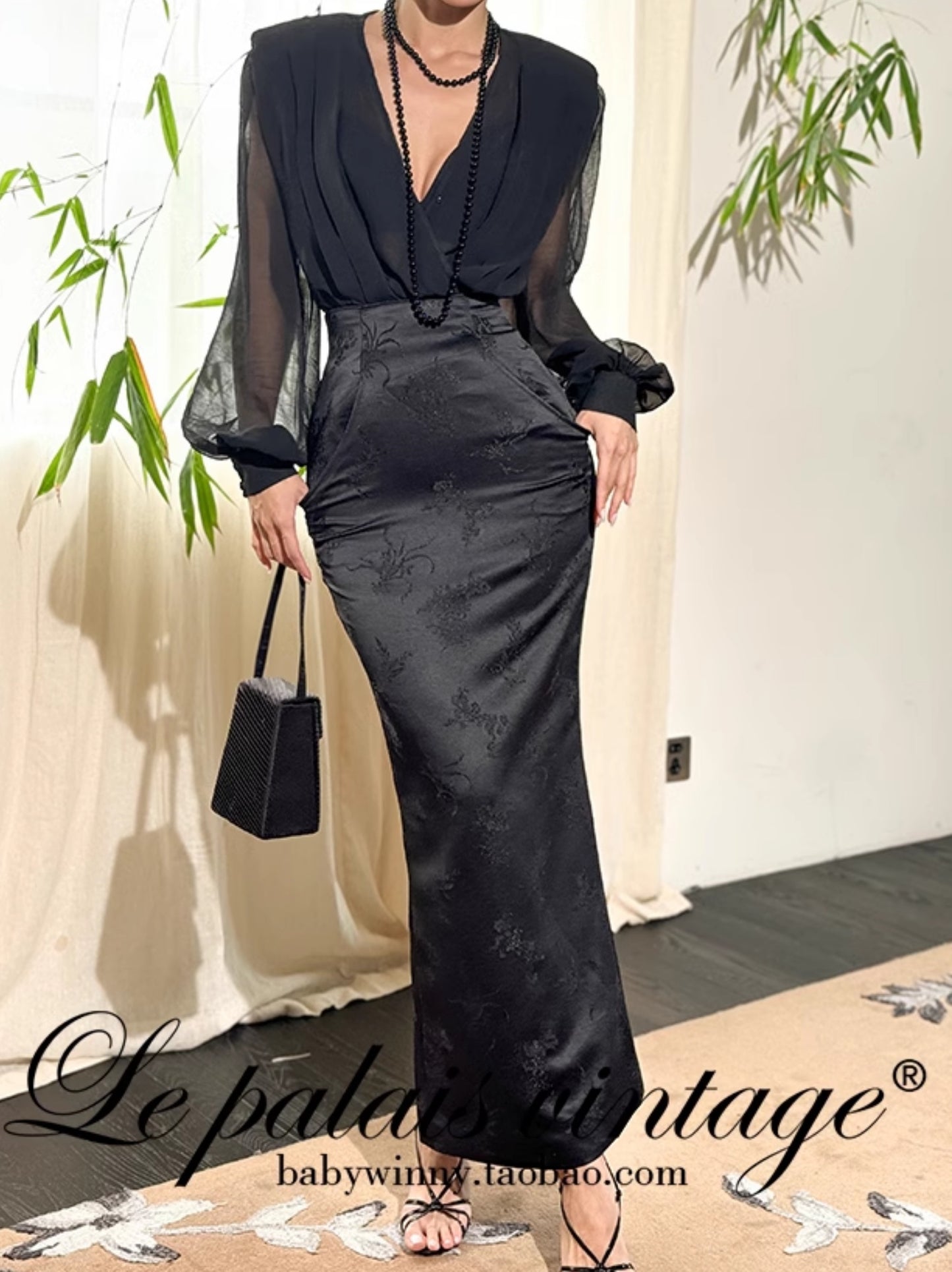 Le Palais Vintage Luxury Black Deep V-Neck Mesh Long Sleeve Top + Long Skirt-LING.