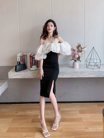 DOLLY Elegant Black and White Satin Off Shoulder Ruffled Tube Top Slim Fit Dress-MAG