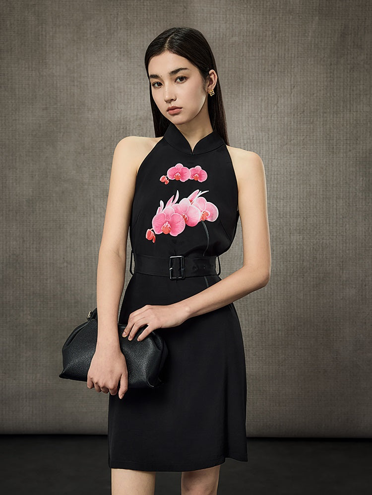 HECO Phalaenopsis Print Sleeveless Belted Short Dress  - QUITE.