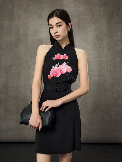 HECO Phalaenopsis Print Sleeveless Belted Short Dress  - QUITE.