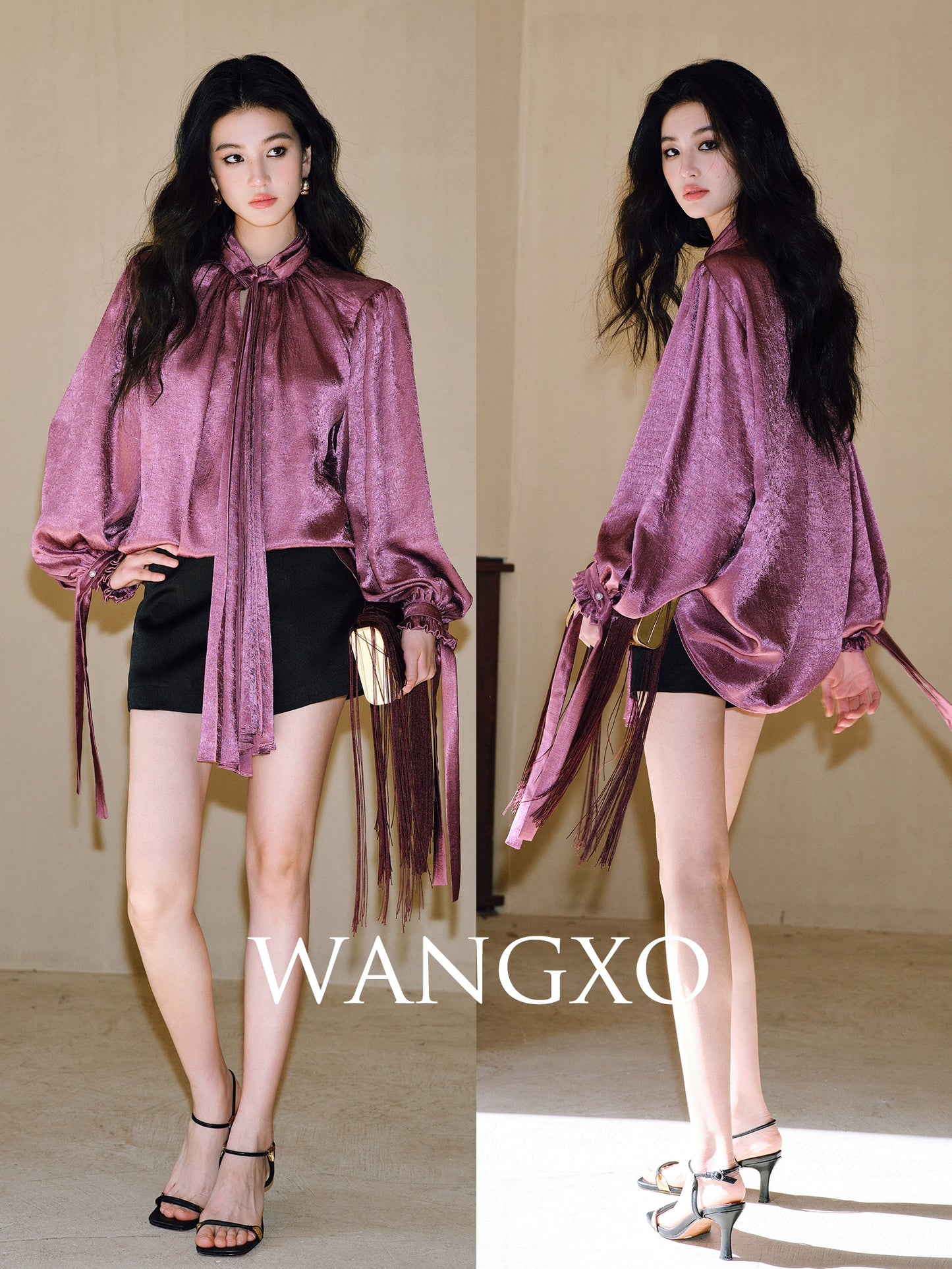 WANGXO | Glossy Satin Scratch & Bright Silk Interlace Pleated Streamer V-Neck Shirt -FÍYA.
