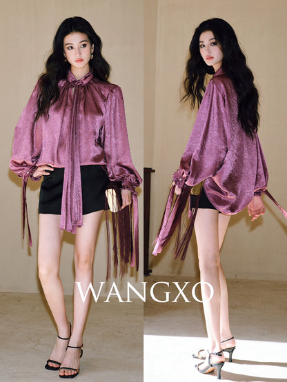 WANGXO | Glossy Satin Scratch & Bright Silk Interlace Pleated Streamer V-Neck Shirt -FÍYA.