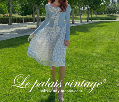 Le Palais Vintage elegant blue floral shawl collar chiffon dress-DIDI