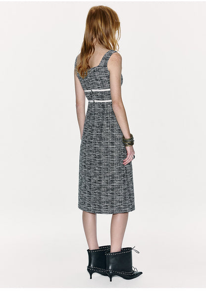 ATELIER MISS LU Contrasting Stitching Small Fragrance Waist Dress - SILVER.
