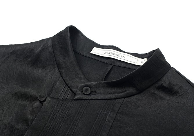 ZHUCHONGYUN black loose pleated satin dress with a belt-SULTY.