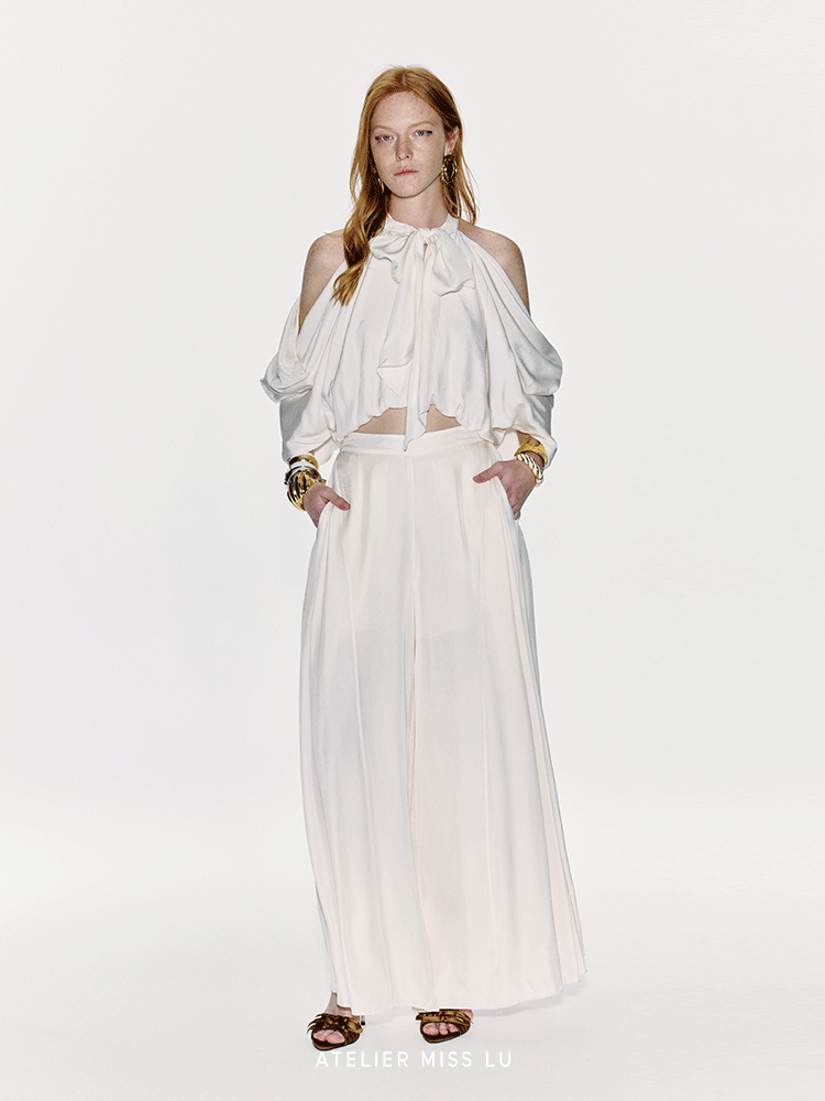 ATELIER MISS LU Draped Off-the-Shoulder Streamers Acetate Top - ATTERY