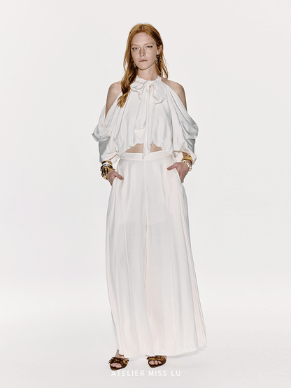 ATELIER MISS LU Draped Off-the-Shoulder Streamers Acetate Top - ATTERY
