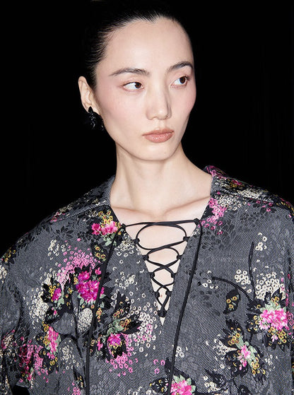 M essential Mackay designer cherry blossom print beads scissor neck loose top - NOCTAINE.