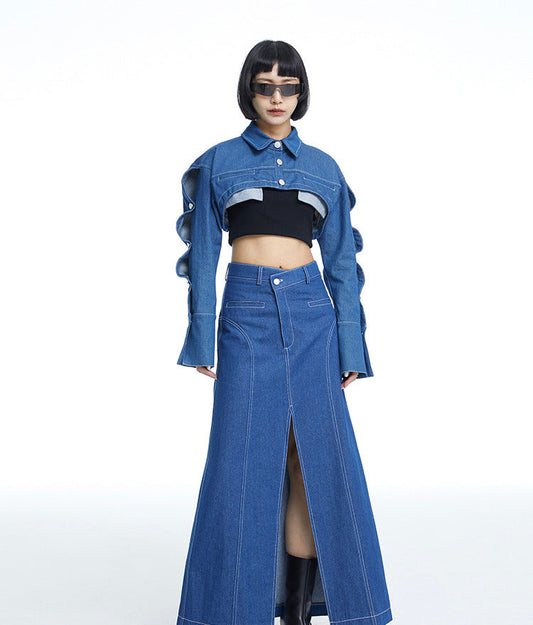 TINY IN large slit long three-dimensional denim skirt -MANNIE