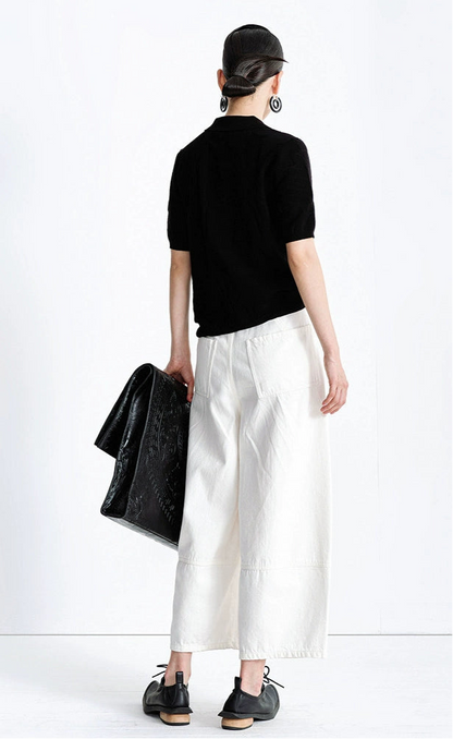 ZHUCHONGYUN black short-sleeved diagonal placket knitted top-MIHAWK.