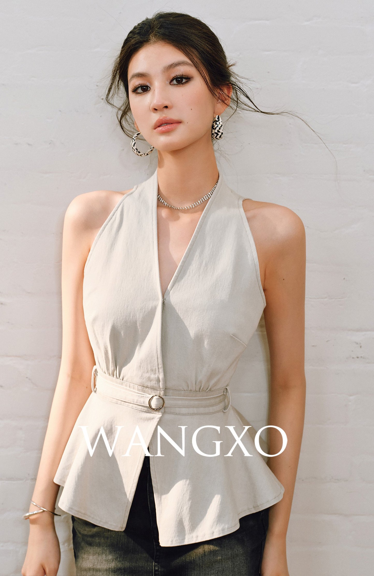 WANGXO | Soft Cotton Denim Halterneck Top -CALISTA.