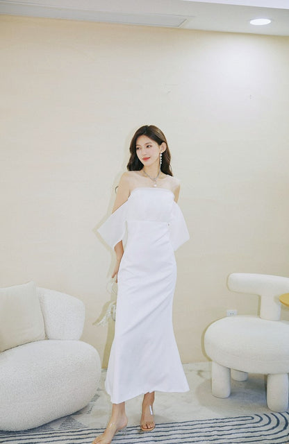 DOLLY Elegant Ruffled Off Shoulder Chest Wrap Long Fish Tail Banquet Dress-KALYA