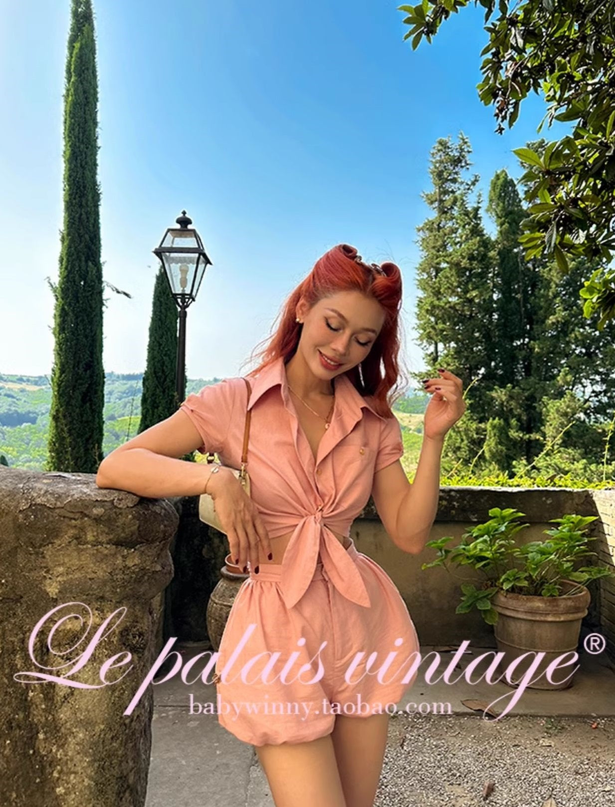 Le Palais Vintage  Gold Cotton Linen Pink Puff Sleeve Shirt + Shorts-ASA.