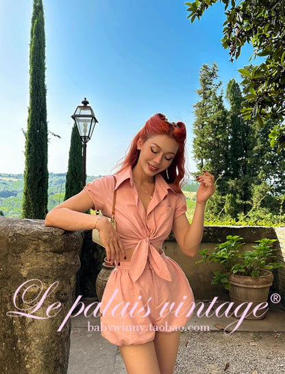 Le Palais Vintage  Gold Cotton Linen Pink Puff Sleeve Shirt + Shorts-ASA.