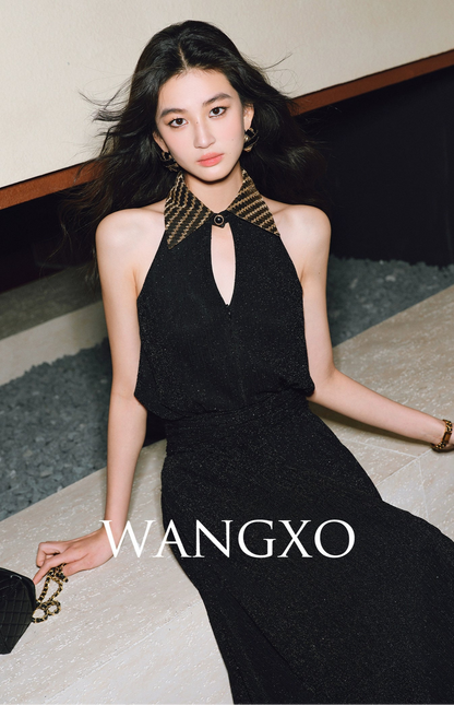 WANGXO | Extravagant Sparkling Meteor Diamond  Metallic Striped Umbrella Hem Sleeveless Dress -ZIVI