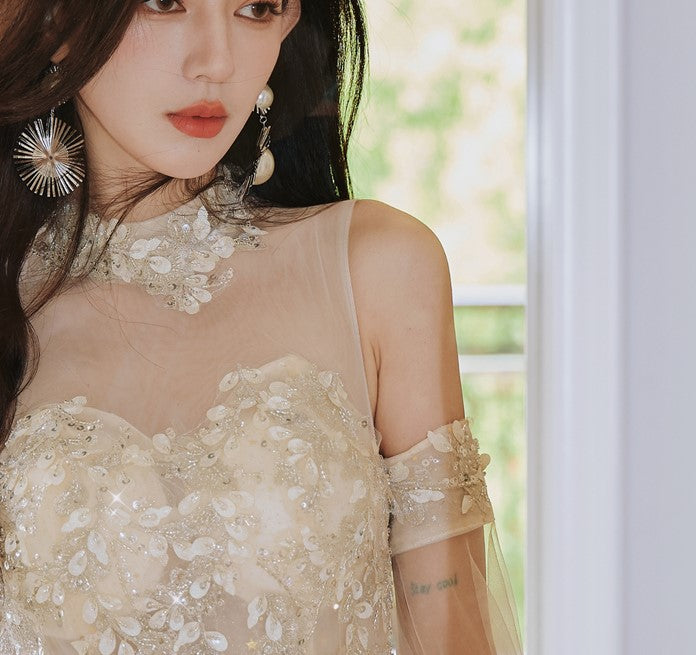 DOLLY Elegant Flower Stand Collar Sleeveless High Waist Tutu Wedding Dress-BELINDA