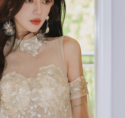 DOLLY Elegant Flower Stand Collar Sleeveless High Waist Tutu Wedding Dress-BELINDA