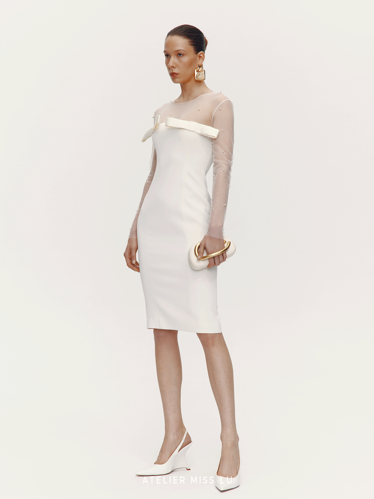 ATELIER MISS LU Fall/Winter Pearl Stitched Bow Waist Dress - HAILEY