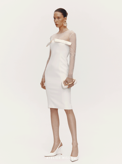 ATELIER MISS LU Fall/Winter Pearl Stitched Bow Waist Dress - HAILEY