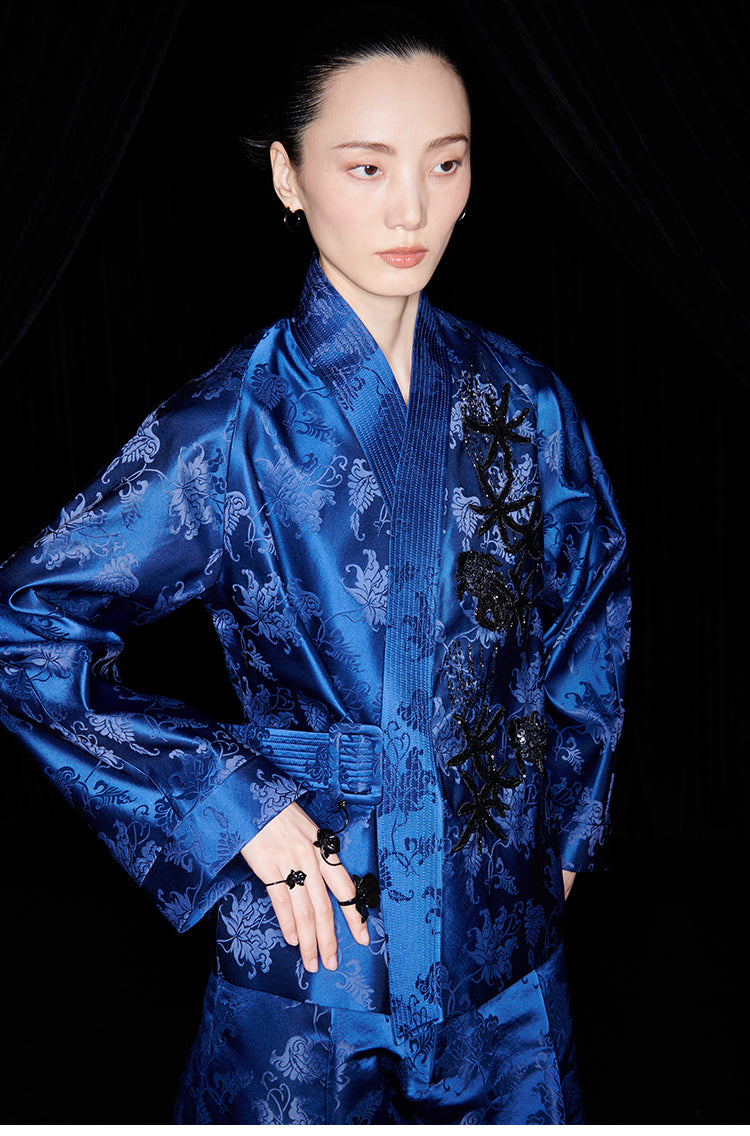 M essential Mackay designer sea green jacquard gag fish algae pattern nail bead jacket - ZYAN.