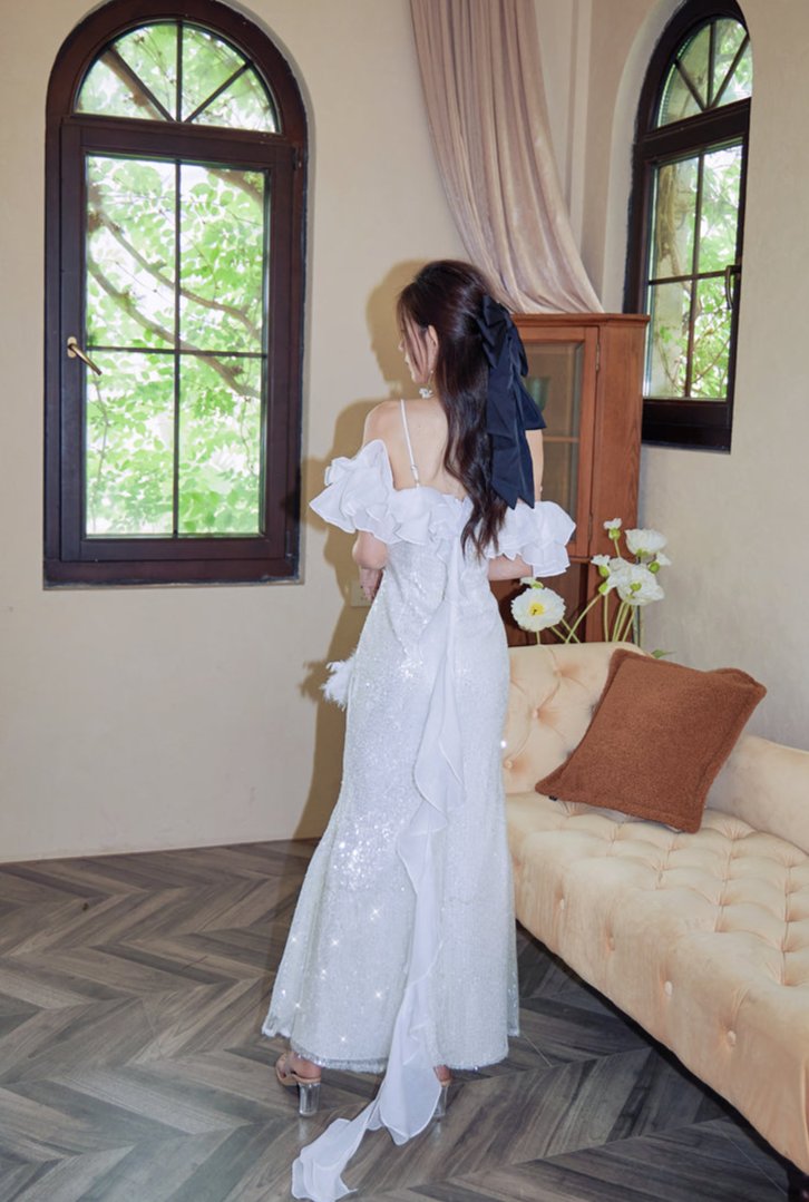 DOLLY Elegant White Off Shoulder Sequin Ruffled Tube Top Banquet Dress-ALICIA