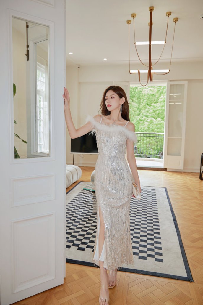 DOLLY Elegant White Sequin Feather Tube Top Fish Tail Slit Cocktail Dress-GINA