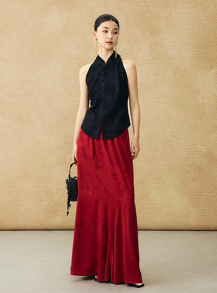 HECO Chinese Acetate Stand-up Collar Waist National Style Jacquard Vest T - FIRE.