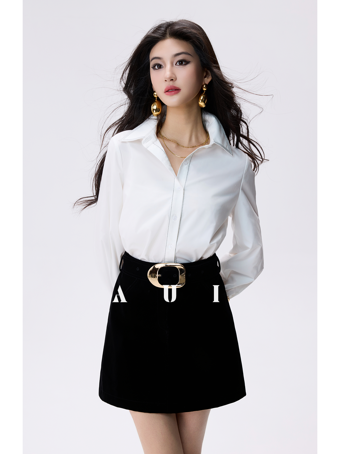 AUI white polo collar long sleeve commuter interview shirt  - GIGI.