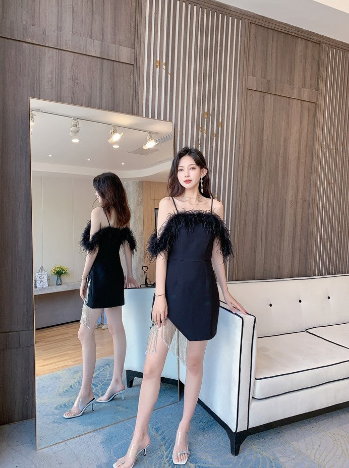 DOLLY Elegant Sling Off Shoulder Feather Slim Fit Short Tassel Birthday Dress-JAJA