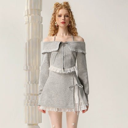 CHECOCRE Stubble Pure Desire Off-Shoulder Sweatshirt Two-Piece mini skirt Set - WENDEL