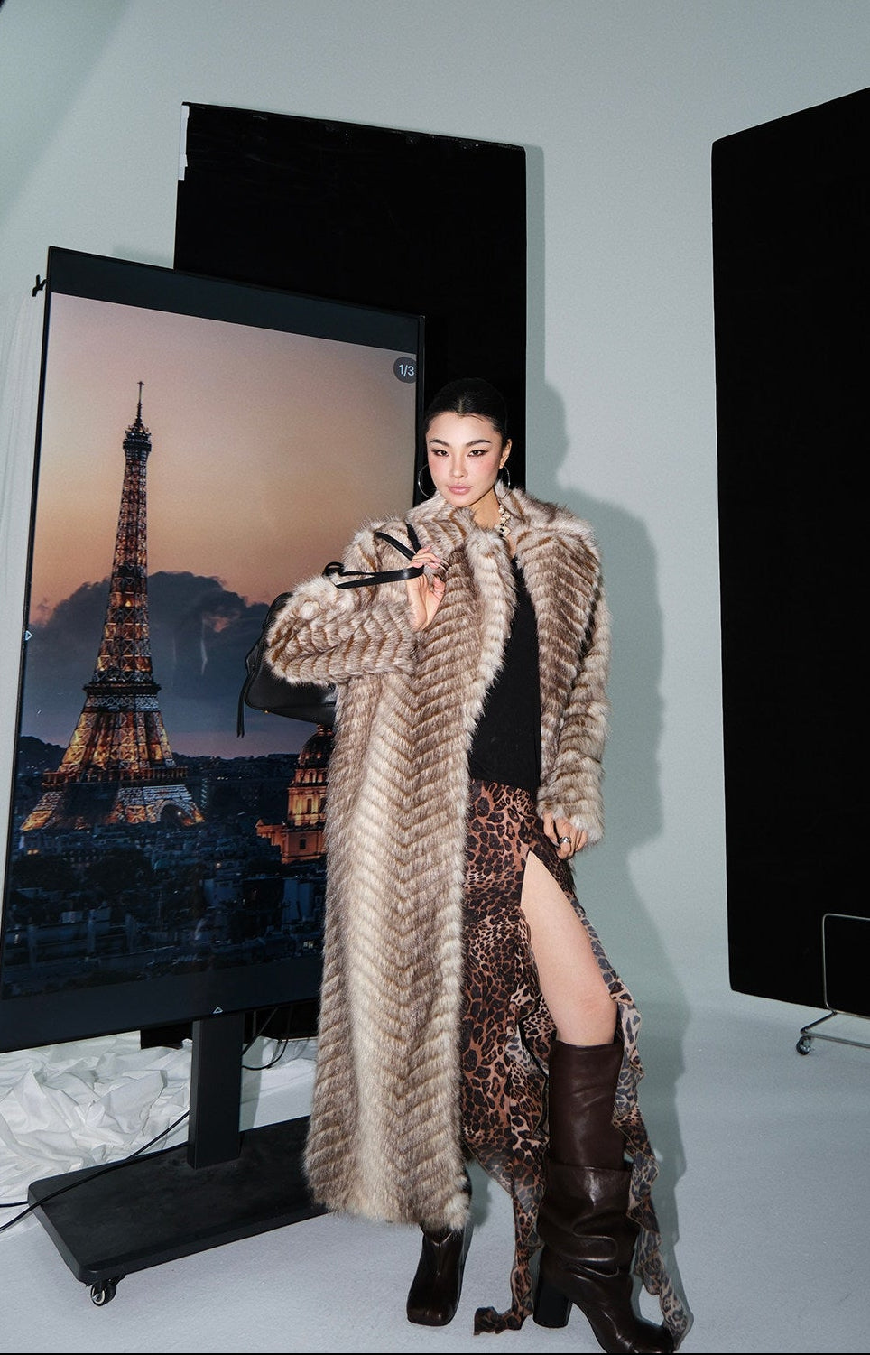 MEI SANGUAN gray coffee color fur long coat jacket - SADIE