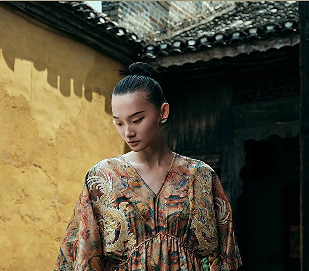 HECO Chinese Waist Cinched V-Neck Dress - QIN