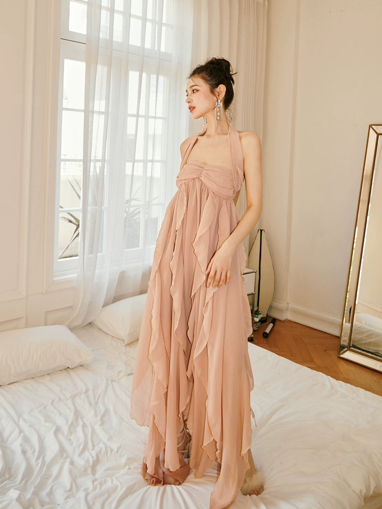 DOLLY Luxury Peach French Style Halter Neck Sleeveless Chiffon Flowing Dress-EVE