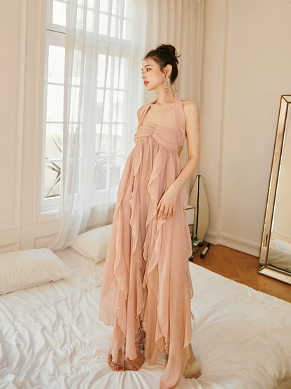 DOLLY Luxury Peach French Style Halter Neck Sleeveless Chiffon Flowing Dress-EVE